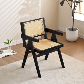 Vintage Solid Wood Rattan Chair, Arm Chair,Dining Chiar, For Dining Room, living Room, Outdoor, Natural (Color: Black, Material: Solid Wood+Rattan)